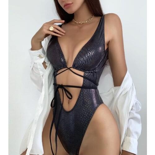 New Bandage Snakeskin Hollow out One Piece Swimsuit Women High Cut bathing suit Backless Bodysuit Sex swim suit