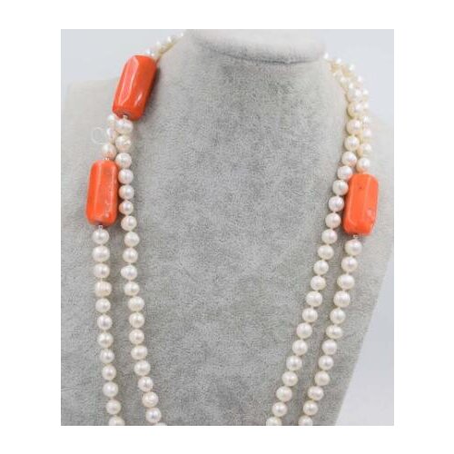 Freshwater pearl white orange coral pillar necklace 50" wholesale nature beads