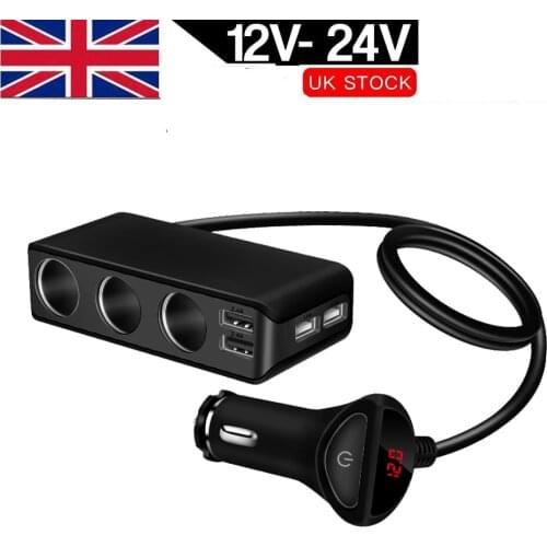 Car Cigarette Lighter 4 USB Port 3 Way Socket Splitter 120W Output Power Adapter 12~24V Charger Fast Charging Voltmeter Display