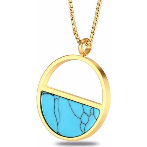 RIR Stainless Steel Semicircular Openwork Turquoises Necklaces Gold Round Frame Ladies Necklace Bride Wedding Jewelry