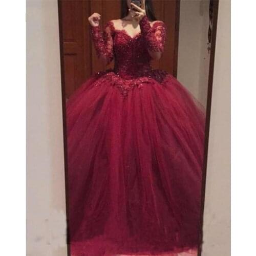 Luxury Ball Gown Quinceanera Dresses Burgundy Off Shoulder Long SleevesLace Appliques Beaded Tulle Puffy Plus Size Prom Gonw