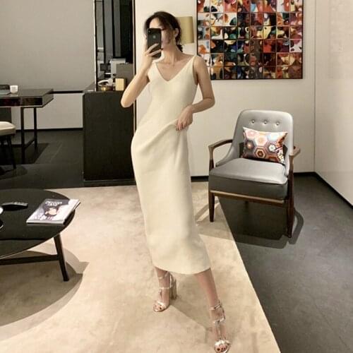 Sexy Women Maxi Dress Sling Long Dresses Sleeveless V-Neck Knitted Sweater Female Long Dress