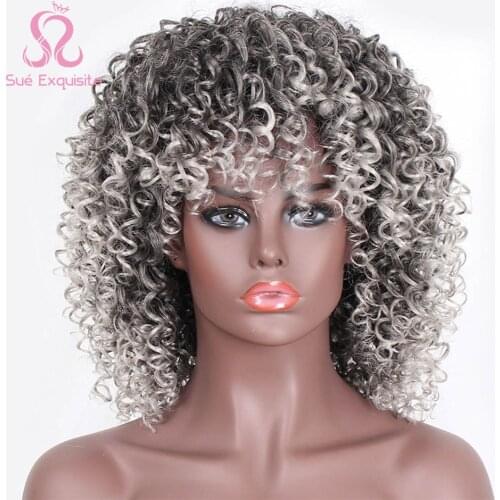 SUe EXQUISITE Afro Kinky Curly Wig With Bangs Synthetic Wig Mixed Ombre Grey and Black Wig for Women