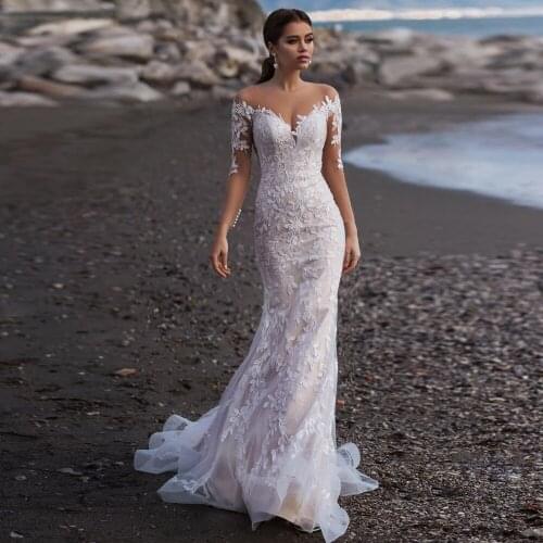 Mermaid Wedding Dresses Long Sleeves abito da sposa Glitter Lace Bridal Gown vestido de casamento Sheer Scoop Neck Bride Dress