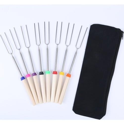 HOT 8pcs Stainless Steel Barbecue Telescopic Grill Fork With Wooden Handle For Camping Campfire Fire Pit Accessories
