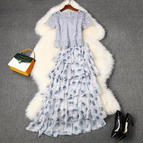 European and American womens clothing 2020 summer new style Short sleeve hollowed-out lace T-shirt Cupcake skirt Fashion suit