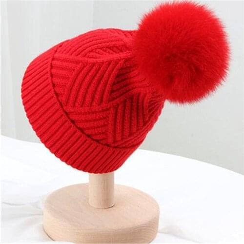 Real Fox Fur pompom Women Hat Winter Wool Beanie Hats Striped Knitted Beanies Womens Cap High Quality
