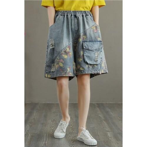 New Women Denim Shorts Summer Casual Loose Printed Pockets Washed Bleached Hole Female Fashion Half Length Wide Leg Pants