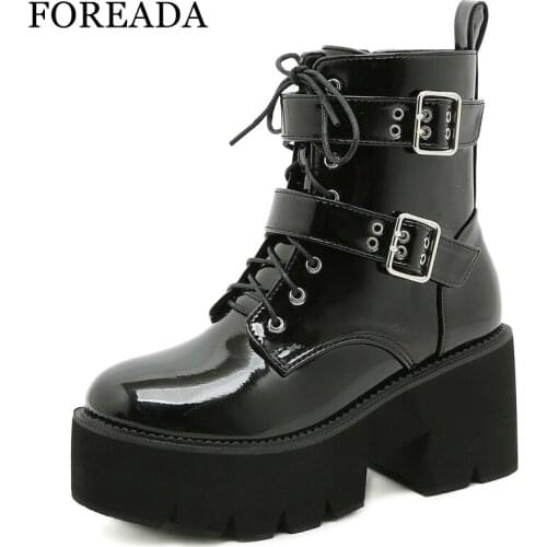 FOREADA Woman Motorcycle Boots 2021 Autumn Platform Thick Heel Shoes High Heel Round Toe Zipper Ladies Ankle Boots 35-43 Black