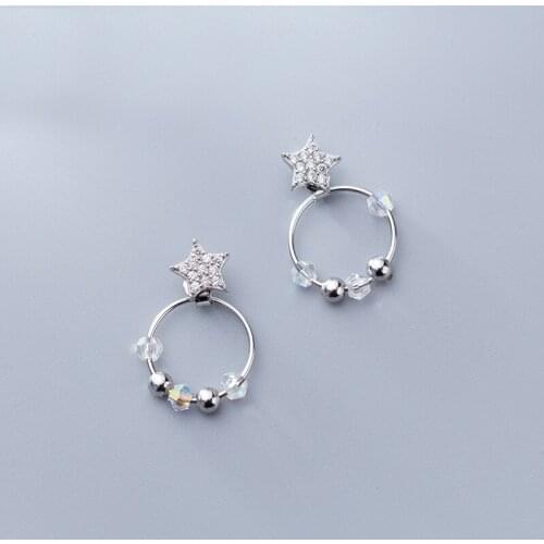 MloveAcc Real 925 Sterling Silver Star & Bead Loop Stud Earrings for Women Anniversary Classic Simple S925 Jewelry Gift