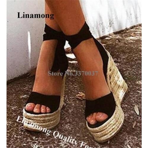 Linamong Summer Fashion Suede Leather High Platform Wedge Sandals Black Pink Beige Ankle Straps Bowtie Wedges Height Increased