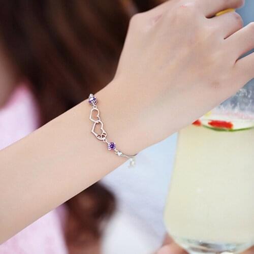 Double Heart Hand Link Chain Charm Bracelet For Women Purple Jewelry Stainless Steel Chain Bridesmaid Gifts