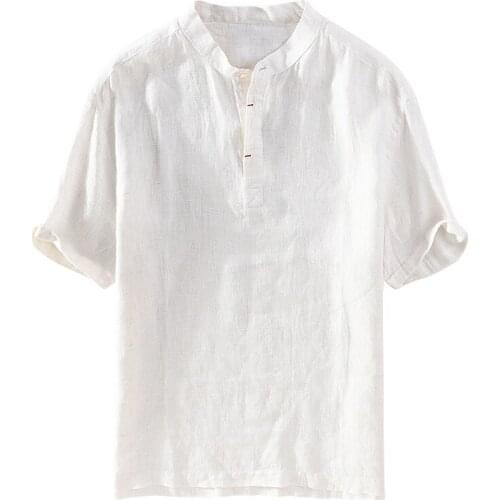 100% Linen new arrival short sleeve beige plaid shirts men fashion comfortable shirt for men tops mens clothes camisa chemise