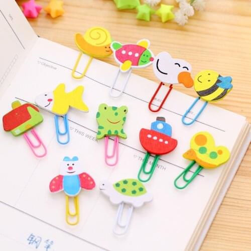 12pcs/pack Colorful Wood Animal Wood and Metal Clip Bookmark Book Clip Cute Student Stationery