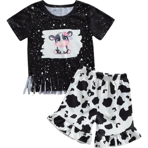 New Toddler Girls 2Pcs Summer Outfits, Short Sleeve Cartoon Cow Print T-Shirts + Ruffle Shorts Set
