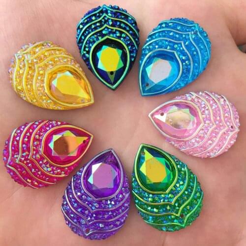20pcs 18*25mm Sew On Crystal AB Peacocks eye Drops Rhinestone Sewing Resin Crystal Stones Flatback Strass Applique for Clothes