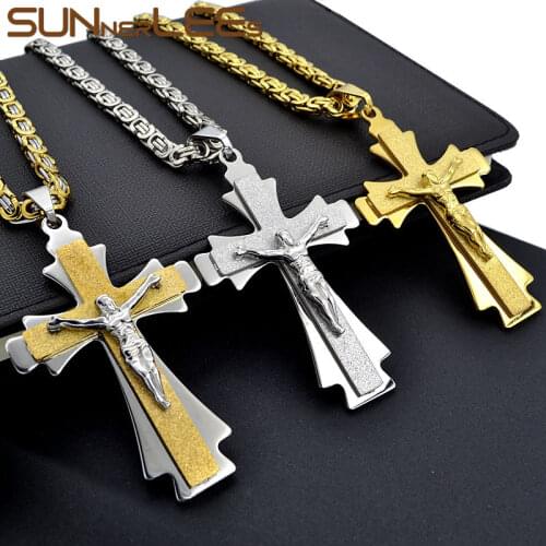 SUNNERLEES 316L Stainless Steel Jesus Christ Cross Pendant Necklace Byzantine Link Chain Men Boys Gift SP215