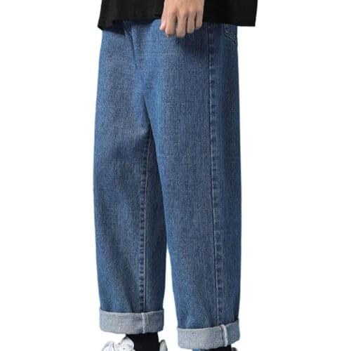 Men Jeans Straight Multi Pockets Wide Leg Male Pants Solid Color Denim Casual Jeans Men Trousers