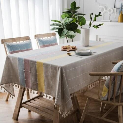 INS Nordic Waterproof Table Cloth Plaid Striped Tassel Tablecloth Imitation Cotton Linen Table Runner Table Cover for Dining