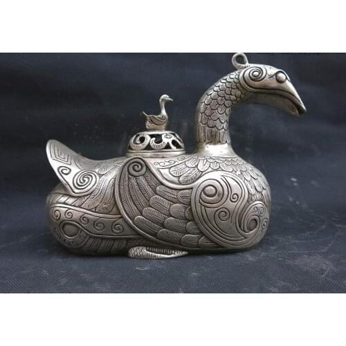 China silver carved finely Buddhism unique duck Incense Burner Sculpture Statue