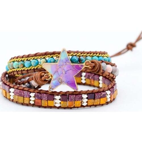 Fashion Star Leather Wrap Bracelets W/ Nautural Stone Multilayers Statement Bracelet Teengirl Women Jewelry