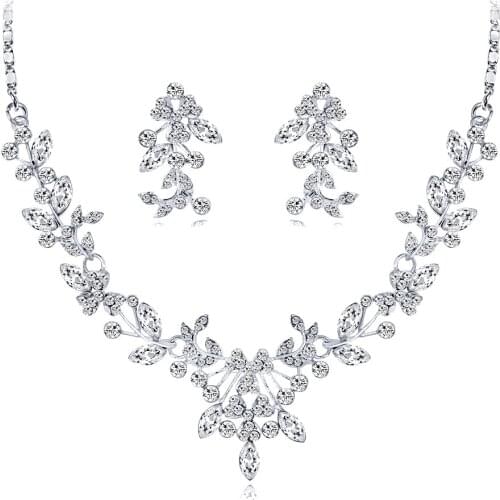 Trendy Female White Crystal Jewelry Set Charm Silver Color Dangle Earring For Women Dainty Flower Zircon Wedding Chain Necklace