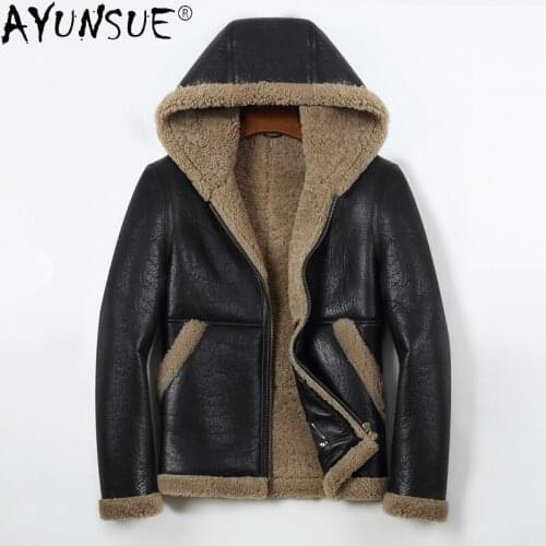 AYUNSUE Fur Coat Genuine Sheepskin Leather Jacket Men Motorcycle Clothes Winter Coat Male Hooded Mens Jackets Jaqueta LXR525
