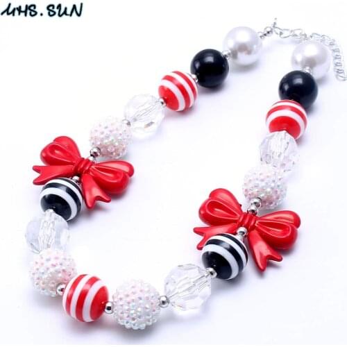 MHS.SUN Cute Red Bow Chunky Beads Necklace Girls Kids Child Bubblegum Necklace Handmade Beaded Jewelry For Toddler 2Pcs