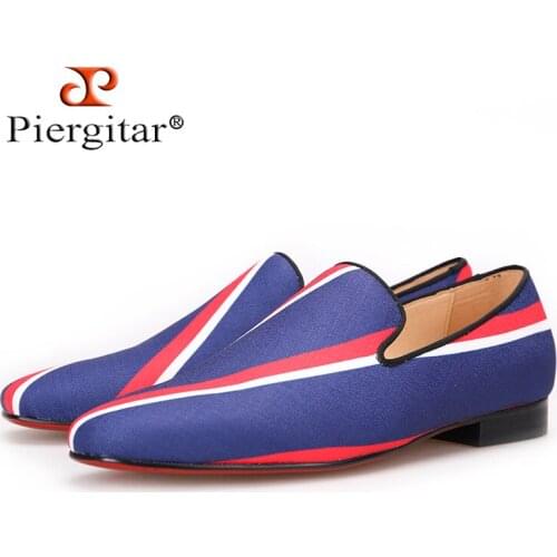 Piergitar 2017 new Square toe blue canvas shoes with striped design Party and Banquet men dress loafers Leather insole men flats
