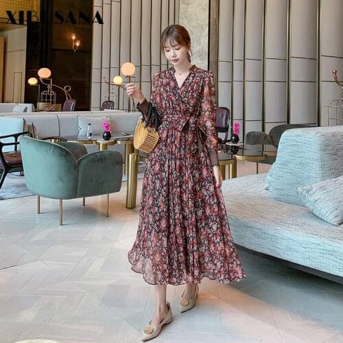 XIBUSANA Autumn V-neck Vintage Floral Print Dresses Womens High Waist Full Sleeve Chiffon Female A-line Lace Up Dress Vestidos