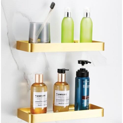 Bathroom Shelf With Towel Bar Shower Shampoo Soap Cosmetic Shelf Brush Gold Aluminum Bathroom Accessories Storage Organizer Rack