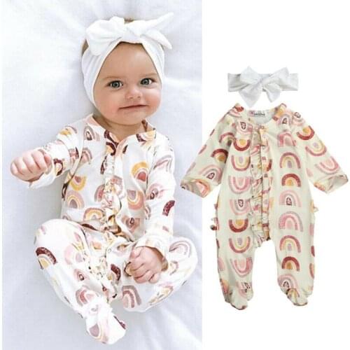 Pudcoco 2021 Autumn Baby Romper Baby Girls Clothes Ruffles Long Sleeve Jumpsuit Outfits Headband Two pieces Clothes 0-1 Years