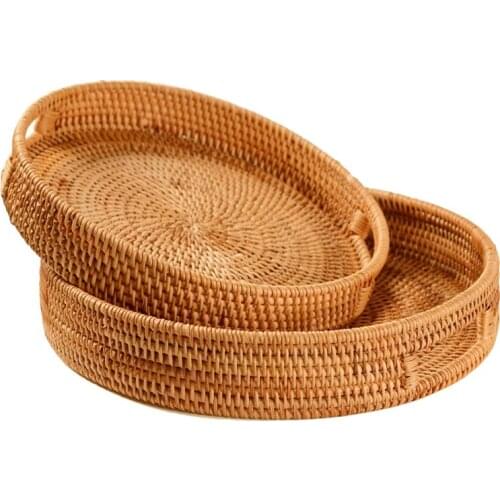 Rattan Handwoven Round High Wall Severing Tray Food Storage Platters Plate over Handles for Breakfast,Drinks,Snack for Coffee Ta