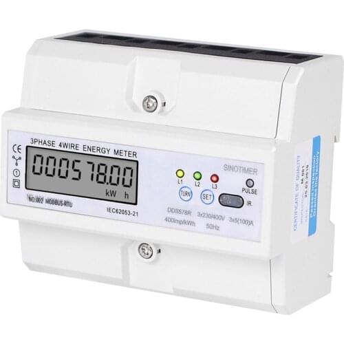 RS485 Modbus Rtu DIN Rail 3 Phase 4 Wire 5-100A 380V AC 50Hz LCD Digital Wattmeter Electronic Power Consumption Energy Meter