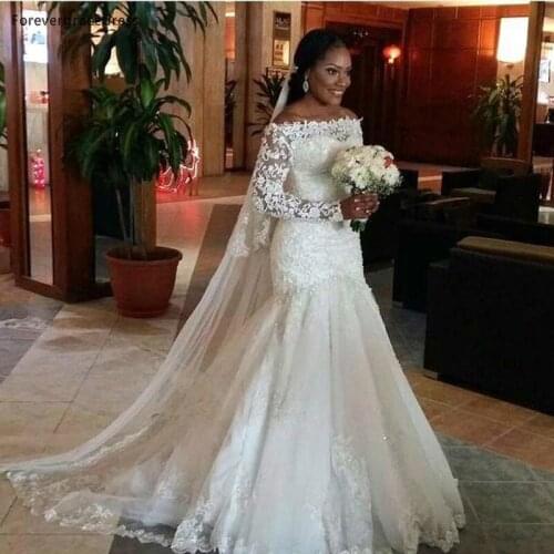 African Nigerian Wedding Dress Glamorous Mermaid Long Lace Appliques Garden Country Church Bride Bridal Gown Plus Size