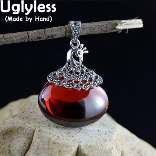 Uglyless "FAT" Princess Peacock Pendants for Women Handmade Marcasite Animal Necklaces Garnet Jewelry 925 Silver Bijoux NO Chain