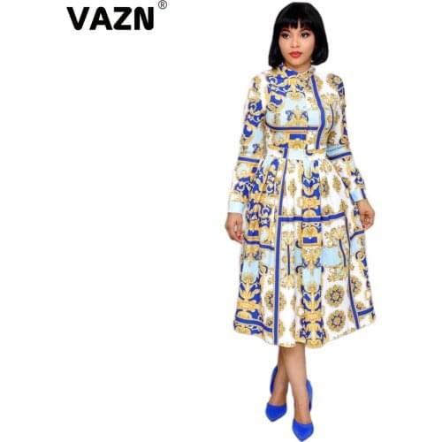 VAZN 2020 Hot Vintage High-end Plus Size Overalls Sweet Mature Fashion Full Sleeve Women Thin High Waist Ball Gown Midi Dress