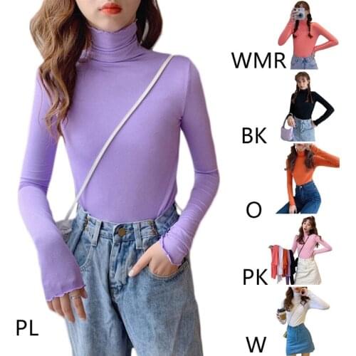 Women Autumn Long Sleeve Turtleneck T-Shirt Korean Plain Solid Color Basic Pullover Top Ruffles Trim Slim Fit Streetwear