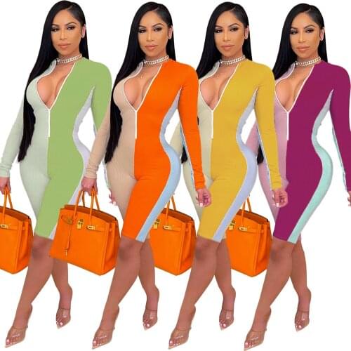 Ribbed Color Block Sexy One Piece Overalls for Women Deep V Neck Long Sleeve Biker Playsuit Streetwear Stretchy Party Jumpsuits
