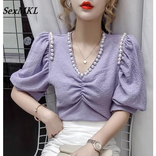 Women Puff Sleeve Purple Tops 2021 Fashion V Neck Loose Sexy White Chiffon Blouses French Beading Y2k White Shirt Blusas Mujer