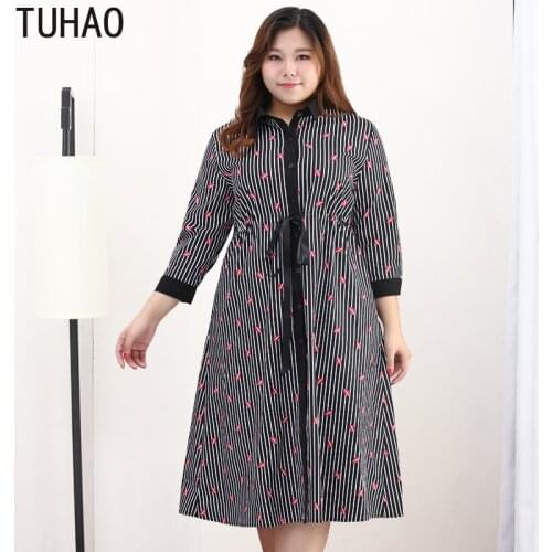 TUHAO Spring Summer Long Office Lady Dress Plus Size 10XL 8XL 6XL Striped Print Dresses Femme Elegant DRESS MS17