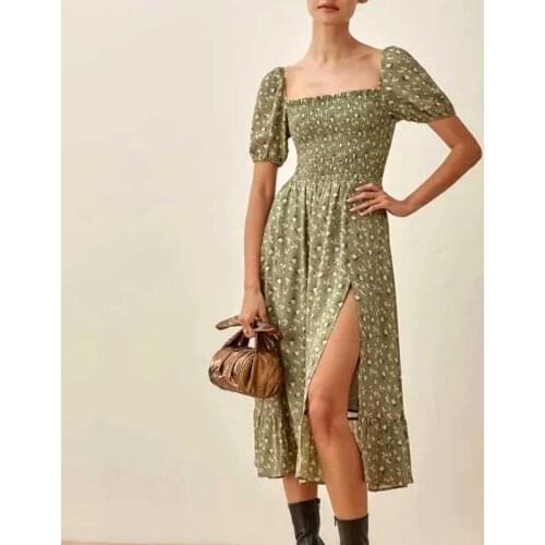 Boho Inspired green floral smocked bust summer dress slit side puff sleeve women dress vintage elegant ladies dress new 2021