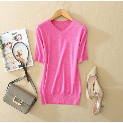 100%goat cashmere thin knit women fashion short sleeve pullover sweater Vneck fruits color XS-XL