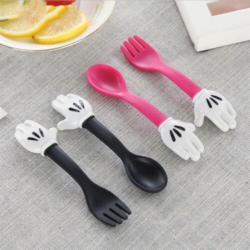 2pcs Kids Cute Fork Spoon Mickey Palm Shape Cutlery Baby Food Feeding Tableware Portable Food Grade Plastic Children Dinnerware