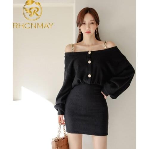 2020 New Long Sleeve Off Shoulder Sexy Dress Strap Women Bodycon Mini Dress Knitted One word collar Solid Slim Ladies Clothes