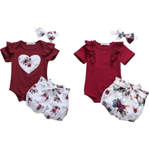 2021 Baby Summer Clothing Newborn Baby Girls Kid Clothes Jumpsuit Hearts Tops Shirt + Flowers Shorts + Headband 3PCS