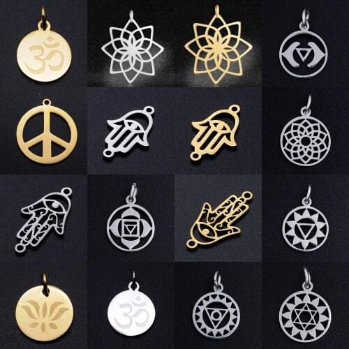 5pcs/lot 7 Chakra DIY Charms Wholesale 100% Stainless Steel Yoga Lotus Connectors Charm Hamsa Hand Om Jewelry Necklace Pendant