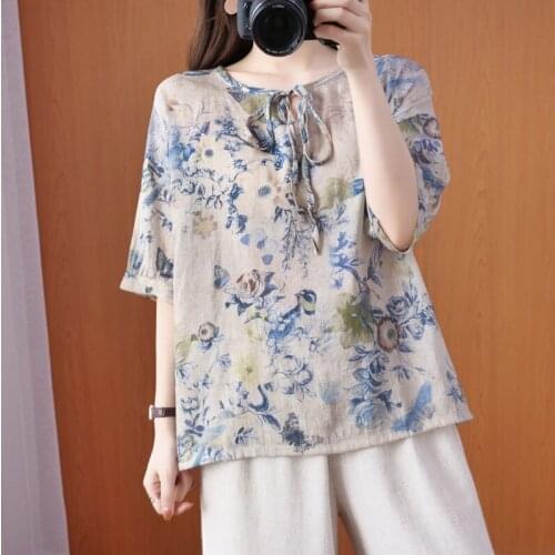 Women Summer Cotton Linen Casual T-shirts New Arrival 2021 Vintage Style O-neck Print Loose Comfortable Female Tops Tees B531