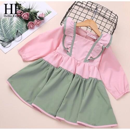 HE Hello Enjoy 2020 Girls Dresses Children Clothes Autumn Long Sleeve Pink Colorblock Long Sleeve Pleated Crew Neck Dress Party