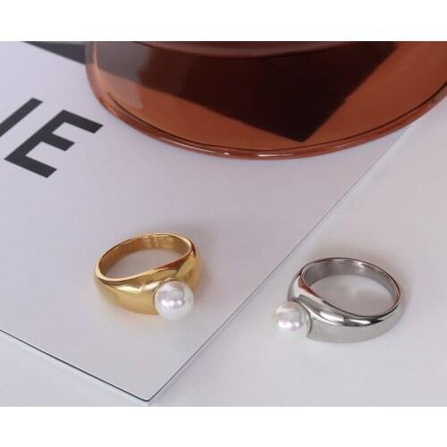 Minar Fashion Simulation Pearl Charm Rings for Women Girls Gold Silver Colour Smooth Metallic Index Finger Rings Accessories